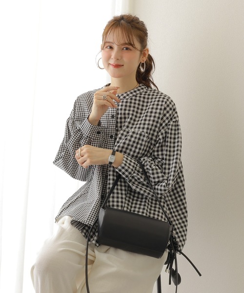 セール】asymmetry check volume sleeve blouse /アシンメトリー