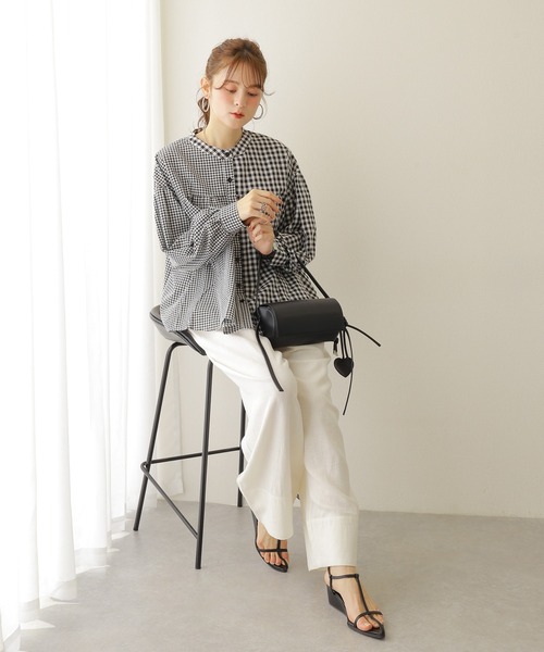 セール】asymmetry check volume sleeve blouse /アシンメトリー