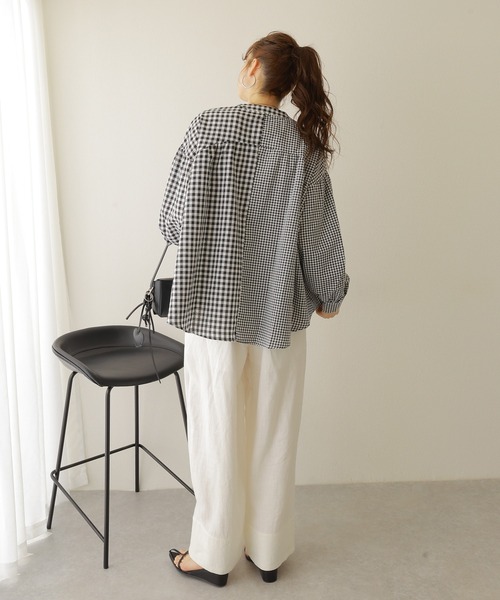 セール】asymmetry check volume sleeve blouse /アシンメトリー