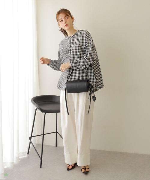 セール】asymmetry check volume sleeve blouse /アシンメトリー