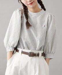 【GEVACO】シアーサッカーギャザースリーブチェック柄ブラウス