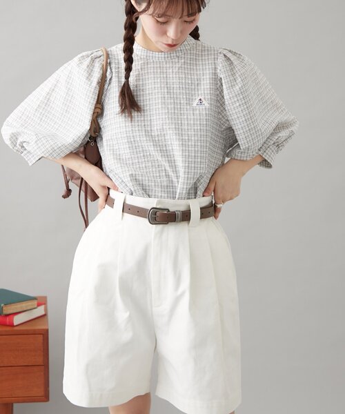 GEVACO(ゲバコ)の「【GEVACO】シアーサッカーギャザースリーブチェック柄ブラウス(シャツ/ブラウス・レディース・ホワイト/ネイビー/レッド・ONE SIZE)」の4枚目の写真