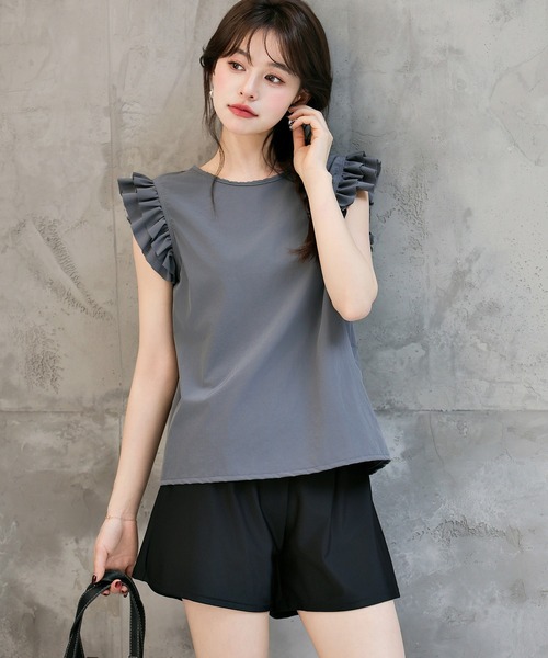 TeddyShop（テディショップ）の「【UVカット率 99％以上】レディース水着 バックリボンフリルトップス+ダブルストラップビキニ+ショートパンツ 4点セット [大きいサイズ有]（水着・レディース・グレー/ホワイト/ベージュ/ブラウン・M/S/L/LL）」の13枚目の写真