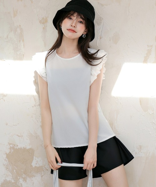 TeddyShop（テディショップ）の「【UVカット率 99％以上】レディース水着 バックリボンフリルトップス+ダブルストラップビキニ+ショートパンツ 4点セット [大きいサイズ有]（水着・レディース・グレー/ホワイト/ベージュ/ブラウン・M/S/L/LL）」の7枚目の写真