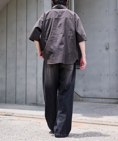 EFFLORESCENCE ネイビー 半袖シャツ(Lサイズ） ケミカルウォッシュルーズ半袖シャツ（シャツ/ブラウス）｜epnok