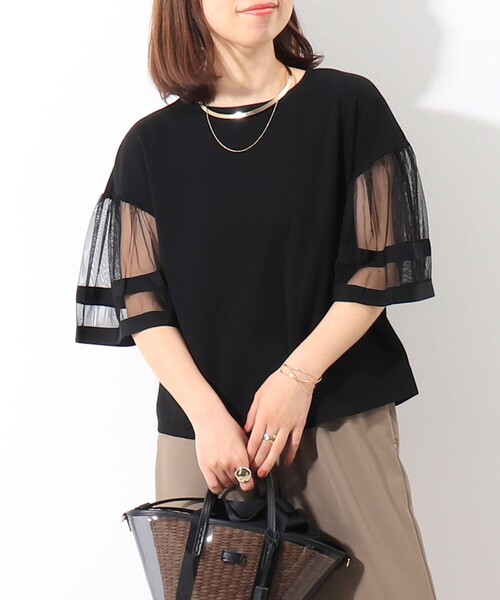 MICO COULIER（ミコクリエ）の「カットジョーゼット袖レースブラウス（Tシャツ/カットソー・レディース・ブラック/キナリ・38）」の2枚目の写真