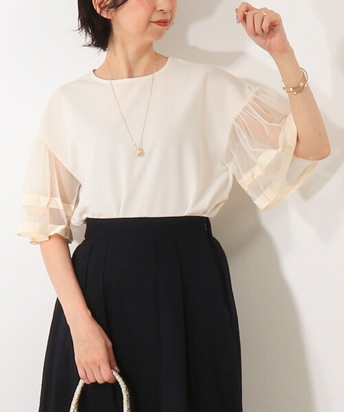 MICO COULIER（ミコクリエ）の「カットジョーゼット袖レースブラウス（Tシャツ/カットソー・レディース・ブラック/キナリ・38）」の19枚目の写真