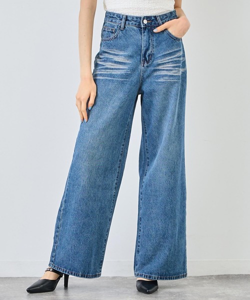 ANAP(アナップ)の「ウォッシュ 加工 デニム ワイド パンツ(デニムパンツ・レディース・ブルー/ライトブルー・S/M)」の1枚目の写真