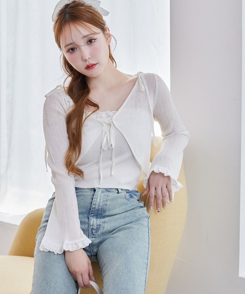 one after another NICE CLAUP（ワンアフターアナザーナイスクラップ）の「レースニットアンサンブル（アンサンブル・レディース・オフホワイト/ピンク/ブラック・FREE）」の2枚目の写真