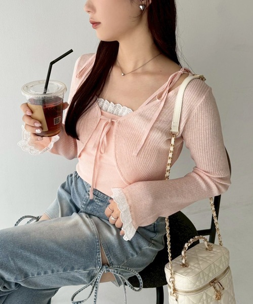 one after another NICE CLAUP（ワンアフターアナザーナイスクラップ）の「レースニットアンサンブル（アンサンブル・レディース・オフホワイト/ピンク/ブラック・FREE）」の3枚目の写真