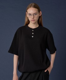 ONCILY(IVF[)SILVER BUTTON HENRY NECK THERMAL T-SHIRT / Vo[{^w[lbNT[}TVc(TVc/Jbg\[)