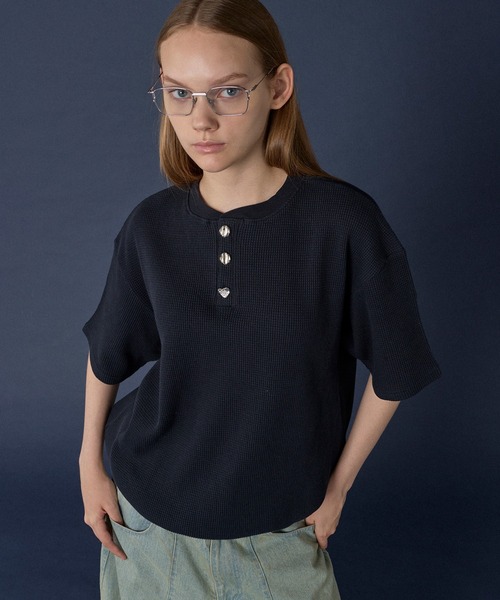 セール】SILVER BUTTON HENRY NECK THERMAL T-SHIRT / シルバー
