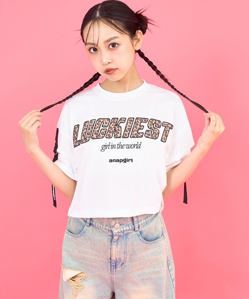 ANAP GｉRL（アナップガール）の「レオパード柄 肩アキテープ トップス（Tシャツ/カットソー・キッズ・ラベンダー/ホワイト/ブラック・XS/M/S）」の2枚目の写真