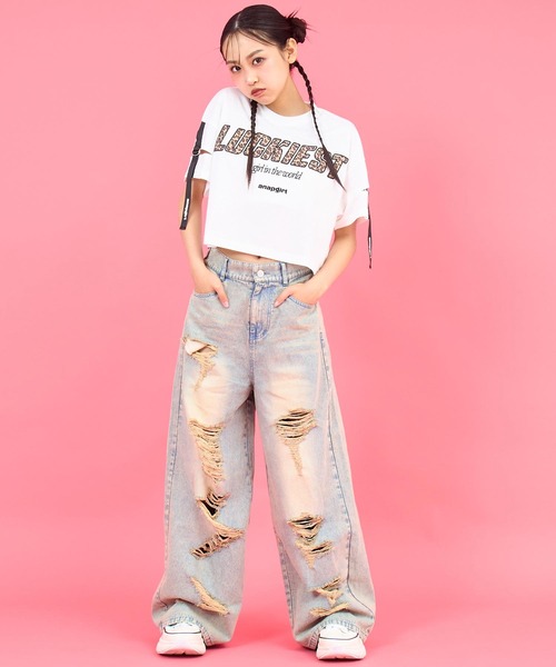 ANAP GｉRL（アナップガール）の「レオパード柄 肩アキテープ トップス（Tシャツ/カットソー・キッズ・ラベンダー/ホワイト/ブラック・XS/M/S）」の21枚目の写真