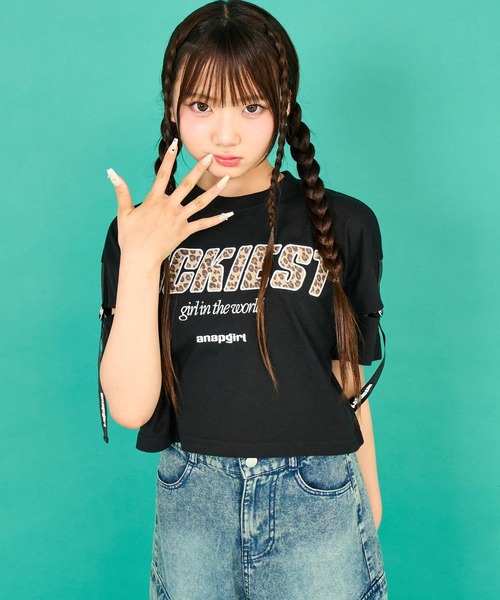 ANAP GｉRL（アナップガール）の「レオパード柄 肩アキテープ トップス（Tシャツ/カットソー・キッズ・ラベンダー/ホワイト/ブラック・XS/M/S）」の22枚目の写真