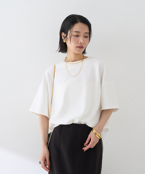 Rouge vif（ルージュヴィフ）の「【接触冷感】ストレッチダンボール半袖プルオーバー（シャツ/ブラウス・レディース・オフホワイト/スミクロ・フリー）」の4枚目の写真