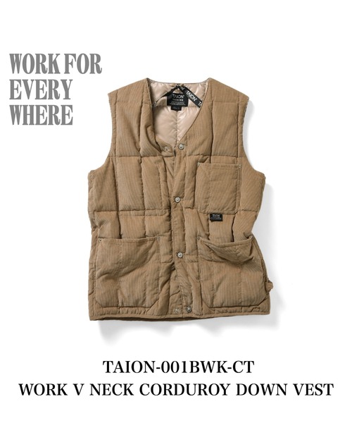 TAION（タイオン）の「【TAION(タイオン)】〈ユニセックス〉ワーク Vネックボタン コーデュロイ×ダウンベスト（ダウンベスト・メンズ・ブラック/ブラック系4/サンドベージュ・XL/L/M）」の2枚目の写真