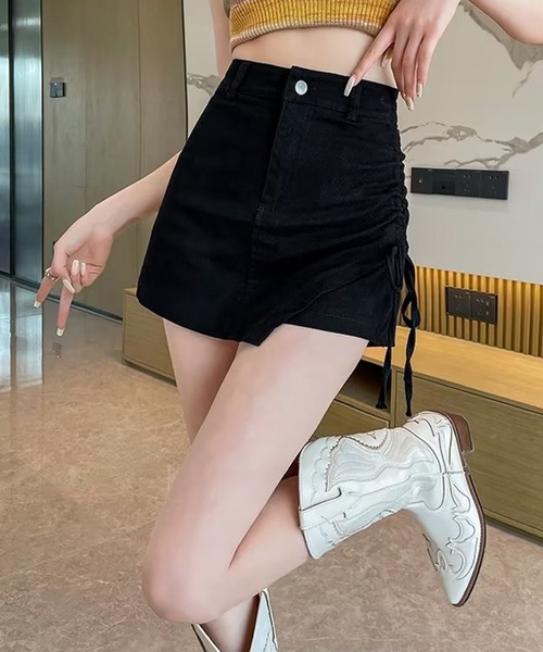 Lace Ladies(レースレディース)の「ハイウエスト サイドギャザー インパン付き ミニ スカート(スカート・レディース・ネイビー/ブラック/グレイッシュベージュ・S/M/L/XL)」の5枚目の写真