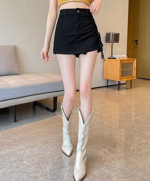 Lace Ladies(レースレディース)の「ハイウエスト サイドギャザー インパン付き ミニ スカート(スカート・レディース・ネイビー/ブラック/グレイッシュベージュ・S/M/L/XL)」の7枚目の写真