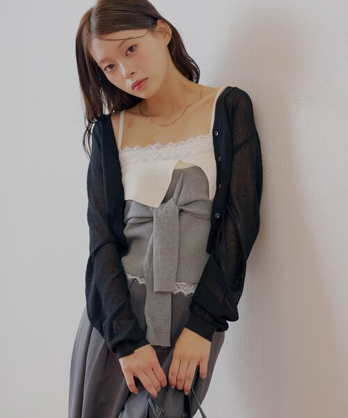 Chico（チコ）の「シアーカーディガン+ねじりシャツドッキングベアセット（カーディガン/ボレロ・レディース・ベージュ/グレー/ブラック・FREE）」の3枚目の写真