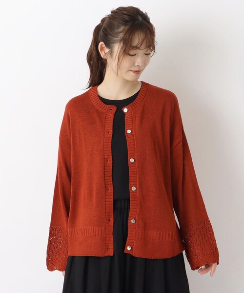 one'sterrace(ワンズテラス)の「袖透かし 柄編みカーディガン(カーディガン/ボレロ・レディース・オレンジ系その他5/ブラック系8/ベージュ系8/イエロー系8・02)」の1枚目の写真