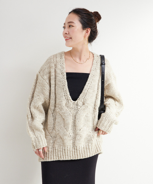 セール】手洗い可 / Vネックビックケーブルニット（ニット/セーター