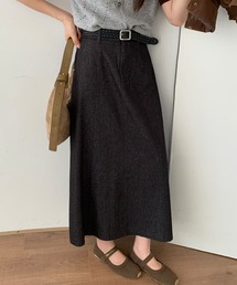 ベルト付き ハイウエスト マキシ丈 Aライン スカート