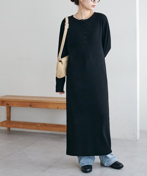 DISCOAT（ディスコート）の「モチモチリブヘンリーワンピース《WEB限定カラーあり》（ワンピース・レディース・チャコールグレー/ブラック/ライトベージュ/モカ・TM/PS/MEDIUM）」の6枚目の写真