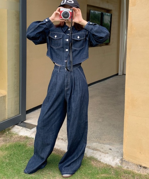 ADDITION STORE(アディションストア)の「【再入荷】\これだけでコーデが決まる♪/デニムセットアップ (クロップドデニムシャツ ワイドデニムパンツ)asdnm(セットアップ・レディース・ネイビー/ブラック・FREE)」の5枚目の写真