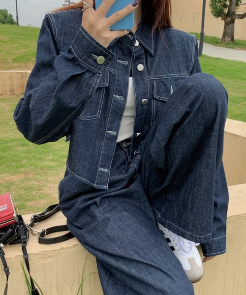 ADDITION STORE(アディションストア)の「【再入荷】\これだけでコーデが決まる♪/デニムセットアップ (クロップドデニムシャツ ワイドデニムパンツ)asdnm(セットアップ・レディース・ネイビー/ブラック・FREE)」の7枚目の写真