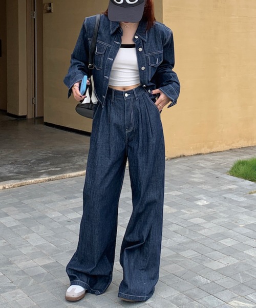 ADDITION STORE(アディションストア)の「【再入荷】\これだけでコーデが決まる♪/デニムセットアップ (クロップドデニムシャツ ワイドデニムパンツ)asdnm(セットアップ・レディース・ネイビー/ブラック・FREE)」の9枚目の写真