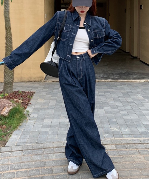 ADDITION STORE(アディションストア)の「【再入荷】\これだけでコーデが決まる♪/デニムセットアップ (クロップドデニムシャツ ワイドデニムパンツ)asdnm(セットアップ・レディース・ネイビー/ブラック・FREE)」の12枚目の写真