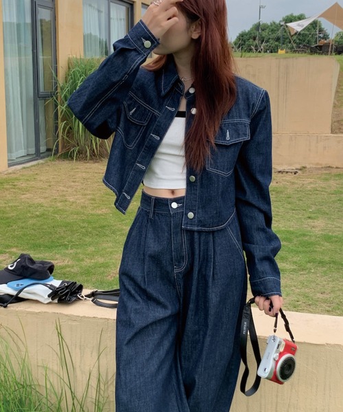 ADDITION STORE(アディションストア)の「【再入荷】\これだけでコーデが決まる♪/デニムセットアップ (クロップドデニムシャツ ワイドデニムパンツ)asdnm(セットアップ・レディース・ネイビー/ブラック・FREE)」の16枚目の写真