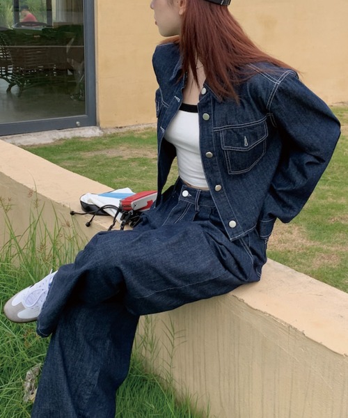 ADDITION STORE(アディションストア)の「【再入荷】\これだけでコーデが決まる♪/デニムセットアップ (クロップドデニムシャツ ワイドデニムパンツ)asdnm(セットアップ・レディース・ネイビー/ブラック・FREE)」の18枚目の写真