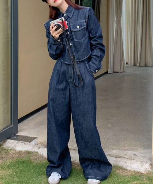 ADDITION STORE(アディションストア)の「【再入荷】\これだけでコーデが決まる♪/デニムセットアップ (クロップドデニムシャツ ワイドデニムパンツ)asdnm(セットアップ・レディース・ネイビー/ブラック・FREE)」の19枚目の写真