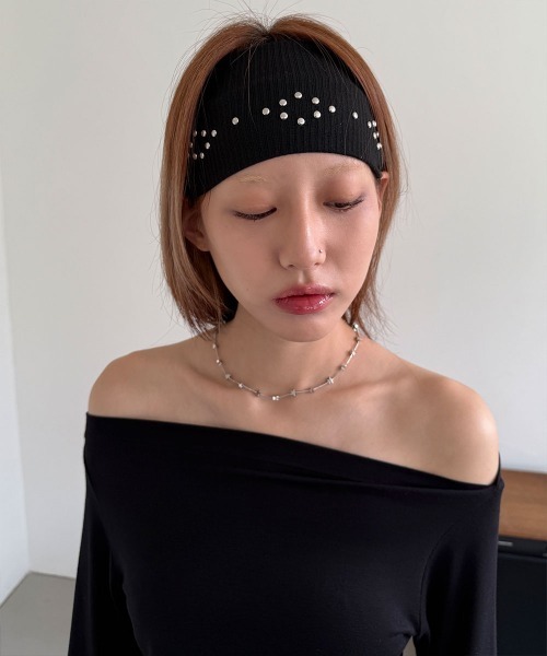 スタッズ付き リブ編み ヘアバンド（ヘアバンド）｜4INT.（フォイント