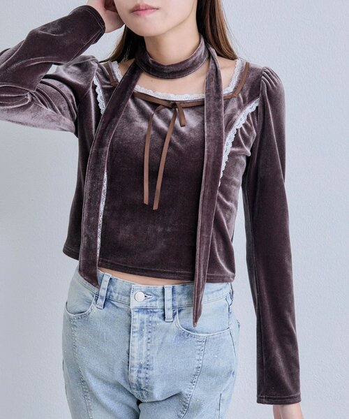 OLIVE des OLIVE（オリーブデオリーブ）の「タイ付きベロアトップス（Tシャツ/カットソー・レディース・ブラウン/ピンク/ブラック・FREE）」の8枚目の写真