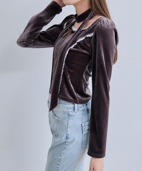 OLIVE des OLIVE（オリーブデオリーブ）の「タイ付きベロアトップス（Tシャツ/カットソー・レディース・ブラウン/ピンク/ブラック・FREE）」の9枚目の写真