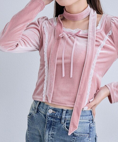 OLIVE des OLIVE（オリーブデオリーブ）の「タイ付きベロアトップス（Tシャツ/カットソー・レディース・ブラウン/ピンク/ブラック・FREE）」の21枚目の写真