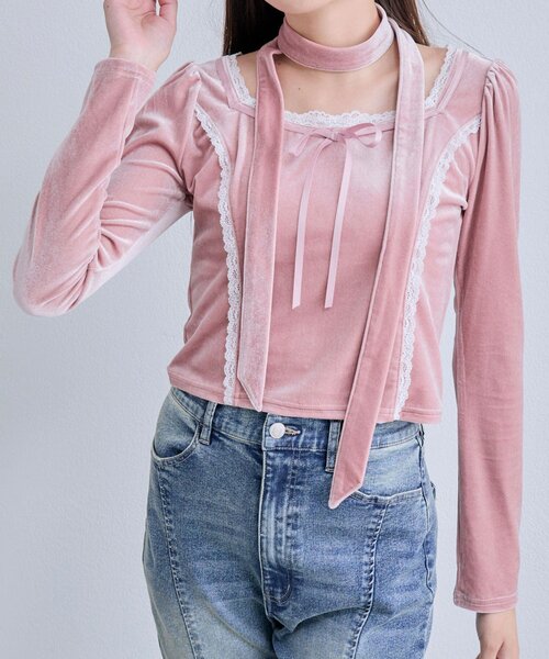 OLIVE des OLIVE（オリーブデオリーブ）の「タイ付きベロアトップス（Tシャツ/カットソー・レディース・ブラウン/ピンク/ブラック・FREE）」の22枚目の写真