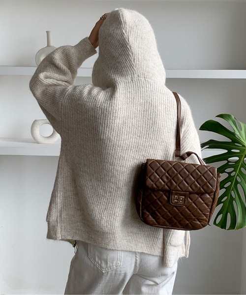 Maison Calme（メゾンカルム）の「ふんわりニットダブルジップアップフードパーカー　リボンポケット（ニット/セーター・レディース・ネイビー/ホワイト/グレー・F）」の15枚目の写真
