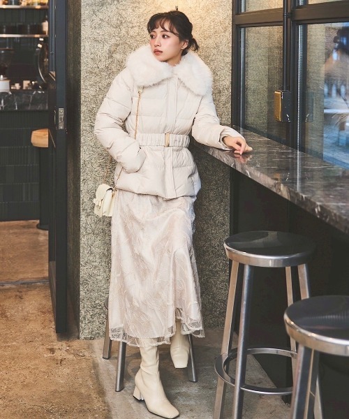 ベルト付エコファー襟ショートダウン（ダウンジャケット/コート