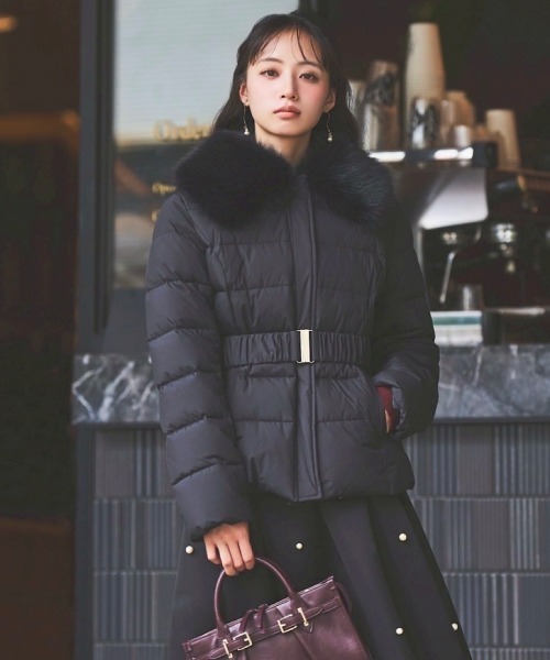 ベルト付エコファー襟ショートダウン（ダウンジャケット/コート