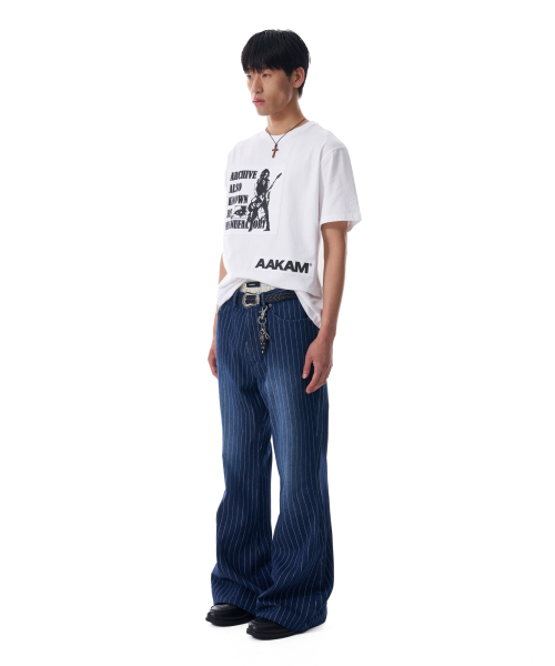 セール】Striped Flare Denim Pants (Blue)（デニムパンツ）｜AAKAM