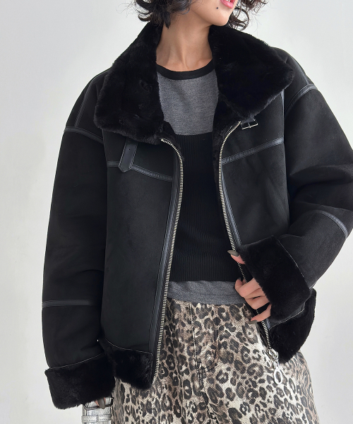 セール】フェイクファー ハイネック ムートンジャケット [ミンク