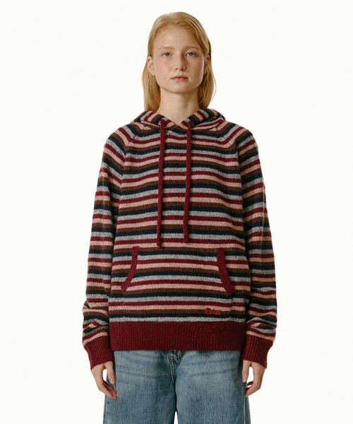 Harmony Stripe Knit Hoodie Burgundy