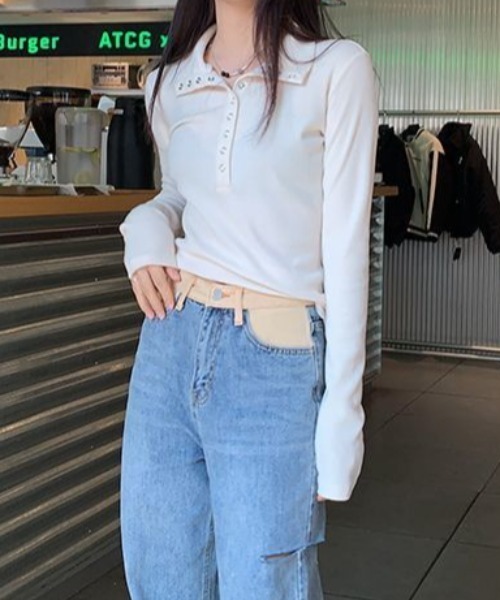 SHEPP(シープ)の「【26年春新作】オープンカラーリブニットカットソー(Tシャツ/カットソー・レディース・ブラック/アイボリー/ホワイト/チャコール・F)」の7枚目の写真