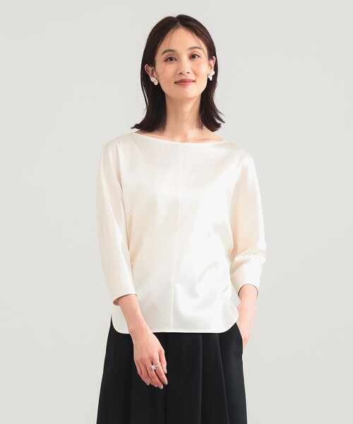 Demi-Luxe BEAMS(デミルクス ビームス)の「トリアセ ポリエステル フラットサテン ブラウス/オフィスカジュアル・セレモニー(シャツ/ブラウス・レディース・ホワイト/ネイビー・ONE SIZE)」の2枚目の写真