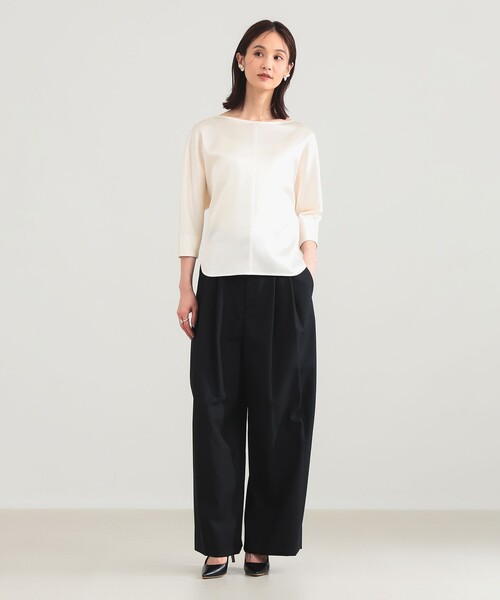 Demi-Luxe BEAMS(デミルクス ビームス)の「トリアセ ポリエステル フラットサテン ブラウス/オフィスカジュアル・セレモニー(シャツ/ブラウス・レディース・ホワイト/ネイビー・ONE SIZE)」の4枚目の写真