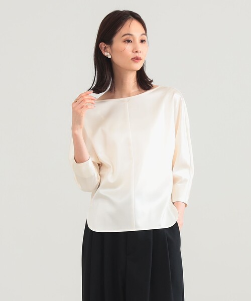 Demi-Luxe BEAMS(デミルクス ビームス)の「トリアセ ポリエステル フラットサテン ブラウス/オフィスカジュアル・セレモニー(シャツ/ブラウス・レディース・ホワイト/ネイビー・ONE SIZE)」の7枚目の写真
